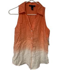 Coastal Grandma Linen Blouse Sleeveless Collared Button Indian Orange Ombre Sz 6
